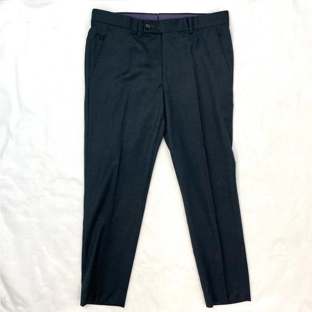 Ted Baker 100% wool dark blue flat front classic trousers, 34/29 purple lining